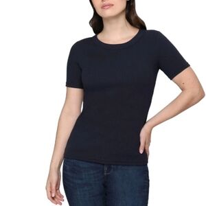 Tahari Navy Blue Short Sleeve Tee Ribbed Crewneck Women's Medium Cotton